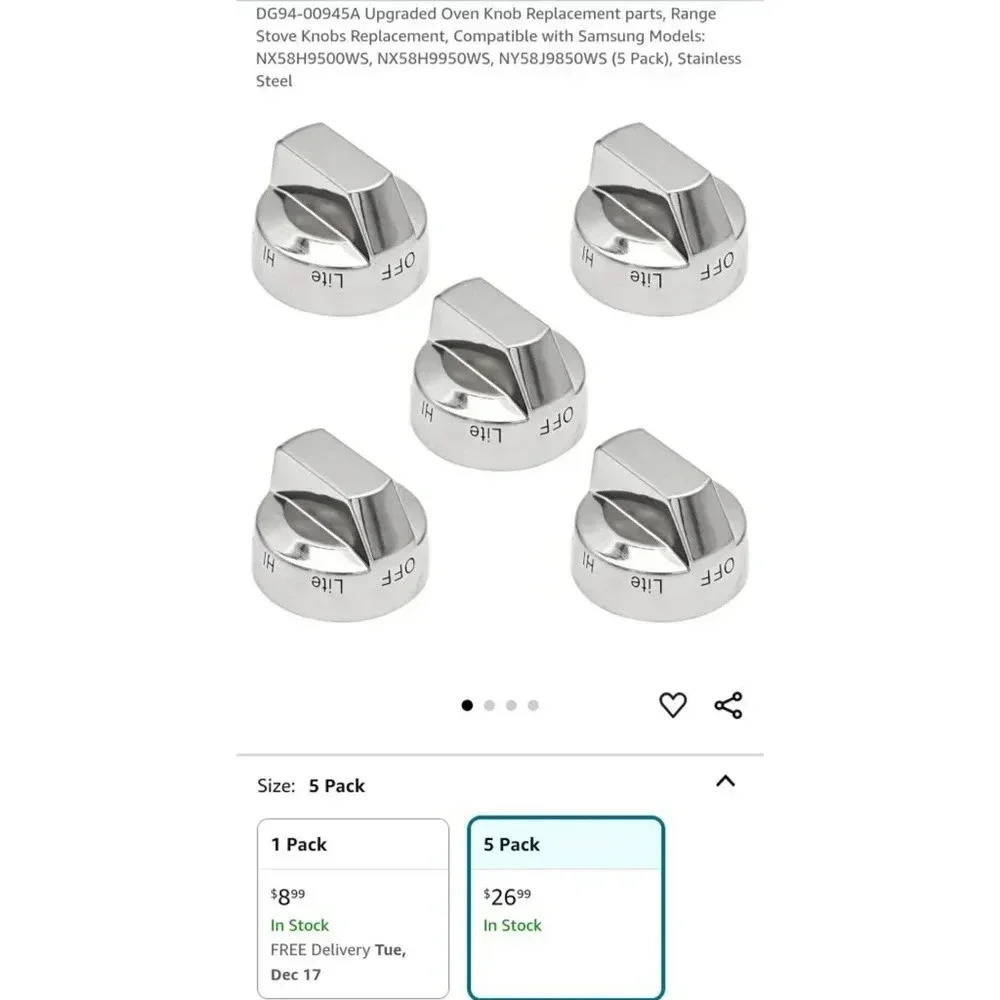 5 Pack‎ Stove Knobs Silver Replacement for Samsung